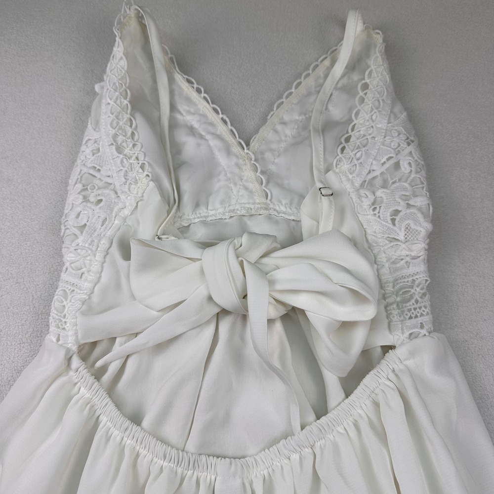 Crochet Lace Tiered Midi Dress Boho Back Bow Sun Sz M Coastal Cottagecore Bridal - Picture 6 of 11